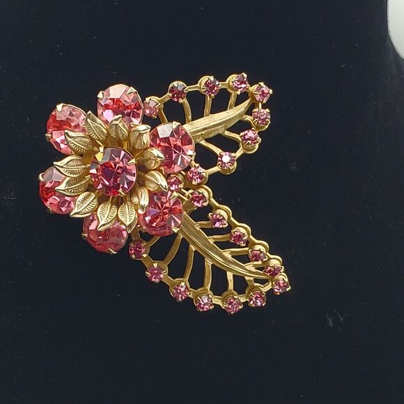 Retro Abstract Leaf Brooch Pink Rhinestone Flower Pin Gold Tone MCM Vintage 60s - Picture 3 of 6